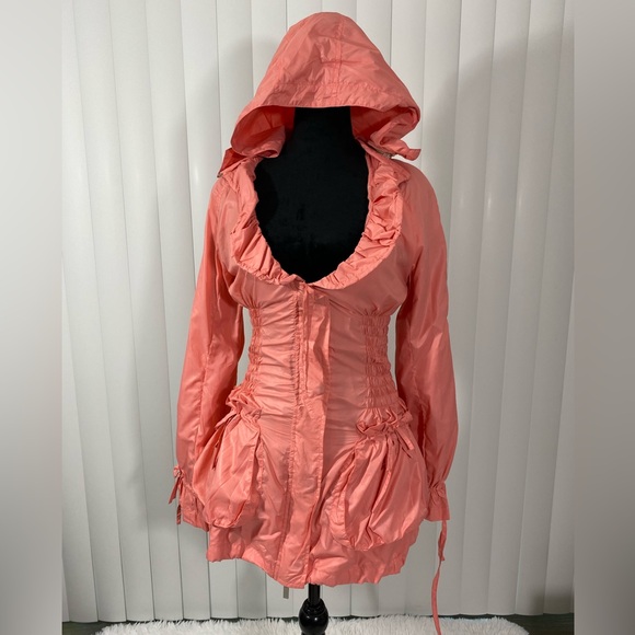 BLANC NOIR Sample Smocked Waist Nylon Anorak Windbreaker Hoodie Jacket Coral S - Picture 3 of 16